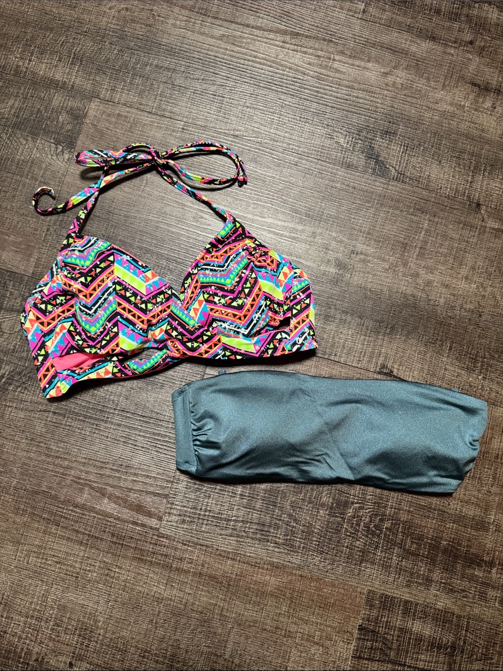 PINK Victoria's Secret Neon Chevron Halter Bikini with Teal Bandeau